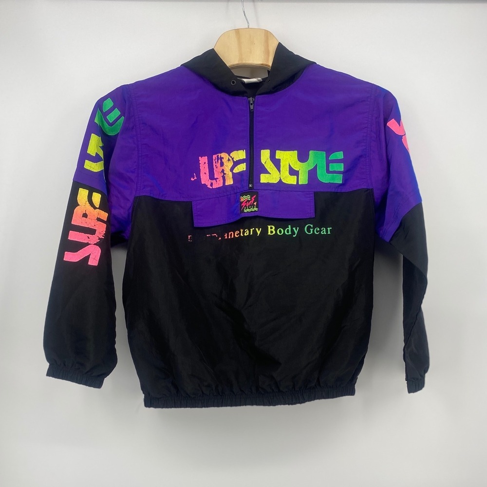 Surf Style Windbreaker One Size Purple Black Excellent 90s Retro Pullover Hooded